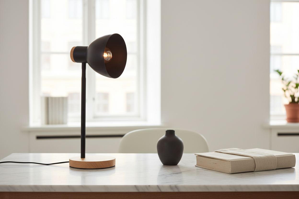 Marie black desk lamp on marble surface with dark ceramic vase and open book