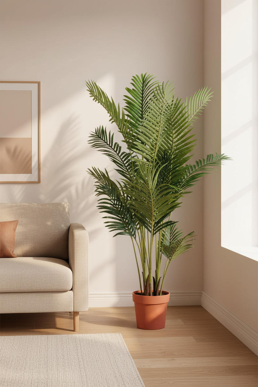 Large realistic artificial Areca palm with full feathery green fronds styled in a Scandinavian living room corner