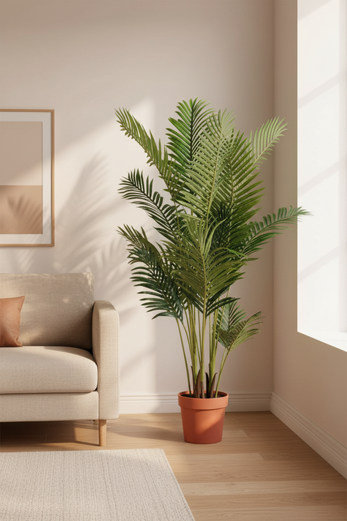 Large realistic artificial Areca palm with full feathery green fronds styled in a Scandinavian living room corner