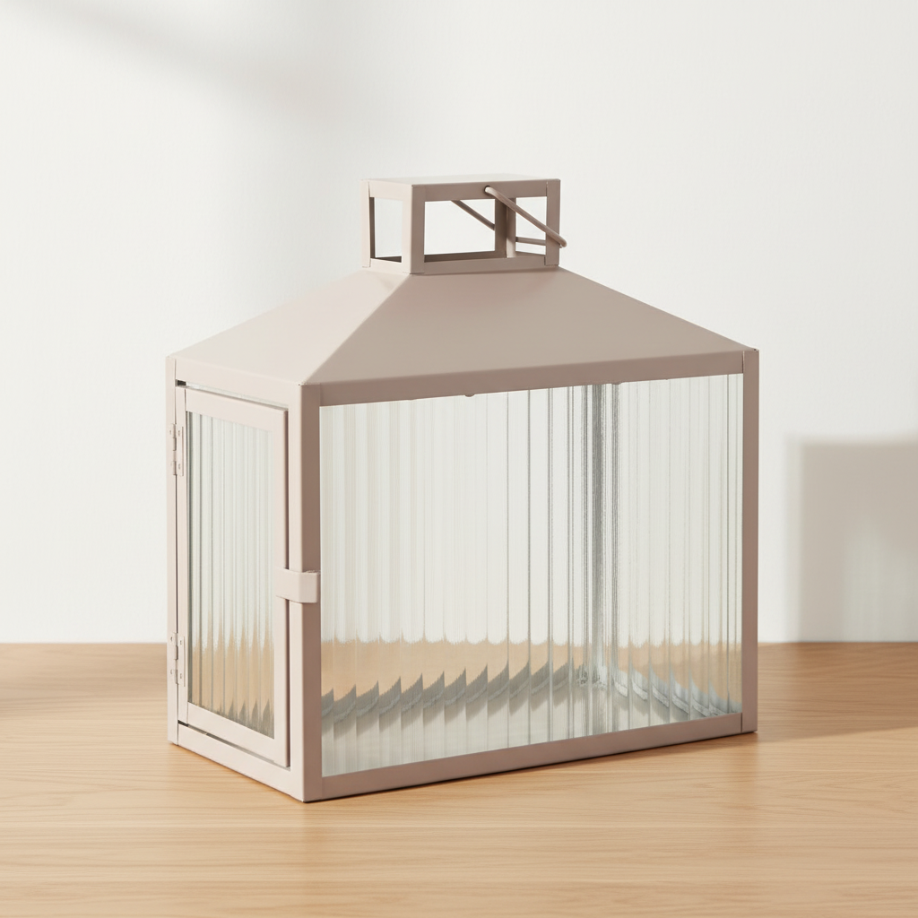 Lucca beige grey metal and glass lantern on oak surface with soft daylight and clean off-white background