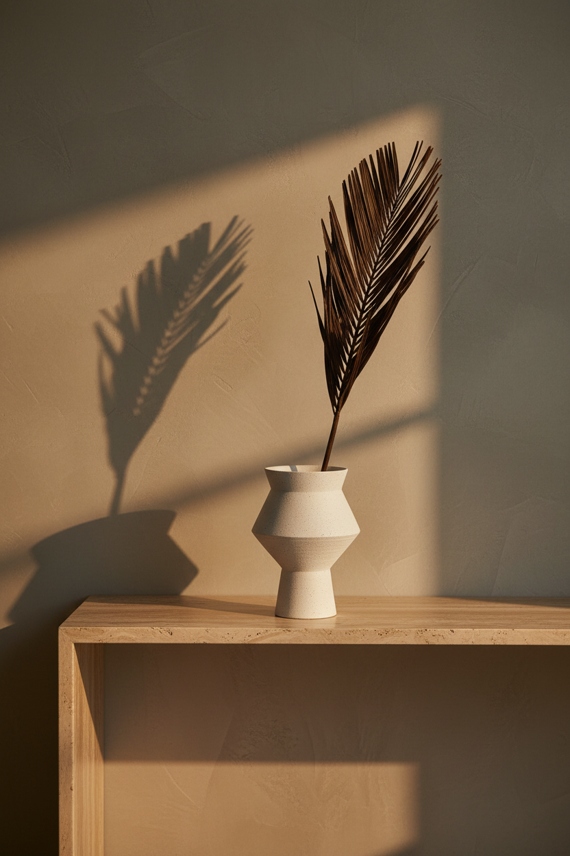 Matte white speckled ceramic vase on a travertine console against a warm limewash wall
