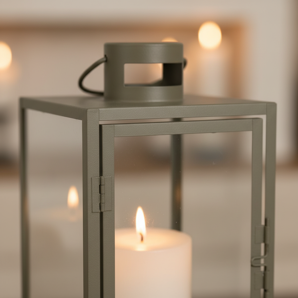 Close-up of Corfu green steel frame and glass panel with warm candlelight glow inside