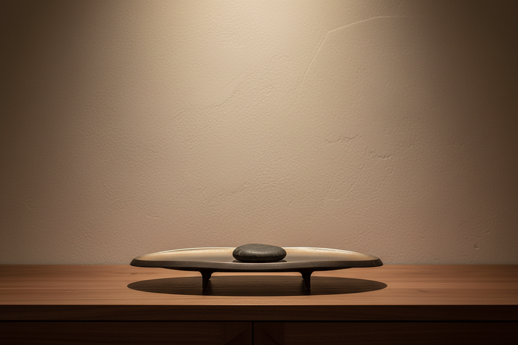 Bronze-to-black ceramic plate displayed flat on a walnut console with a smooth stone inside