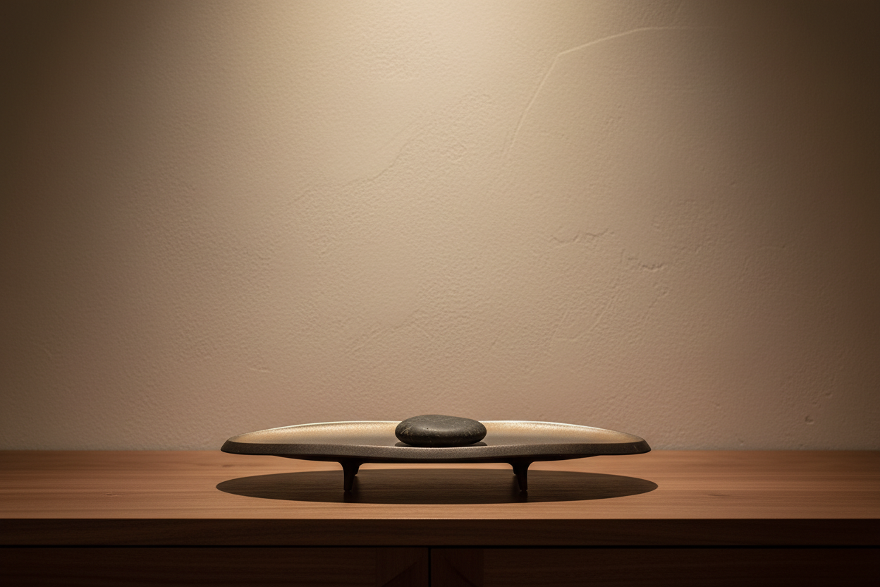 Bronze-to-black ceramic plate displayed flat on a walnut console with a smooth stone inside