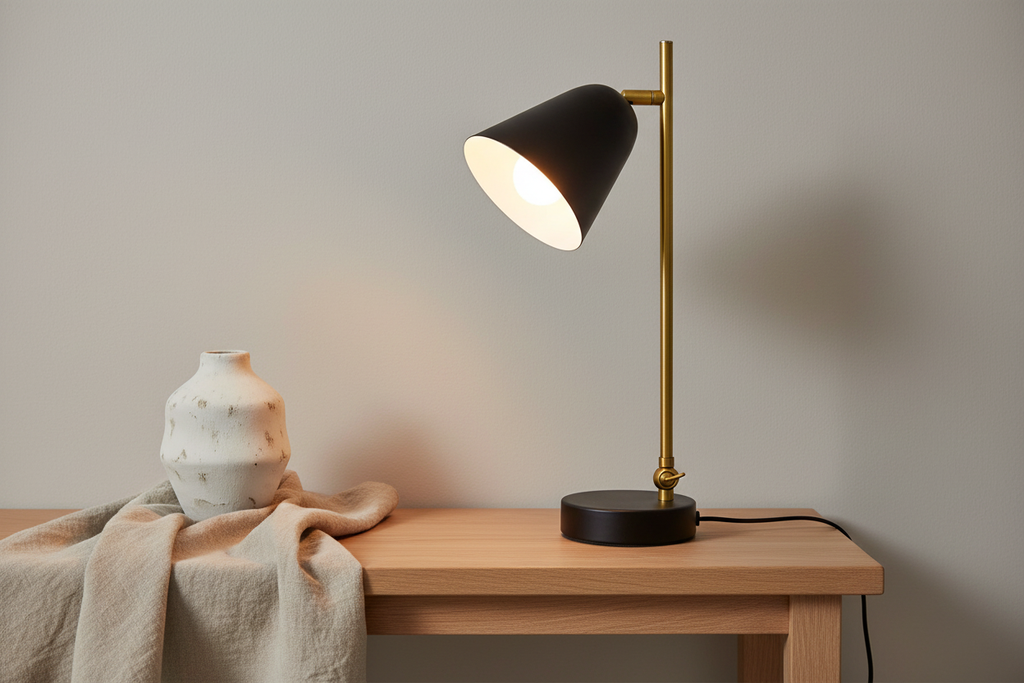 Triton black and brass lamp on oak console with ceramic vase and linen cloth