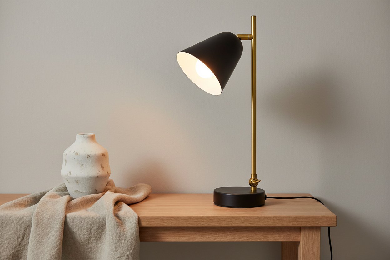 Triton black and brass lamp on oak console with ceramic vase and linen cloth