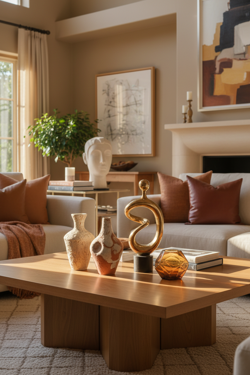 Living room with a coffee table, decorative vases, and a couch.